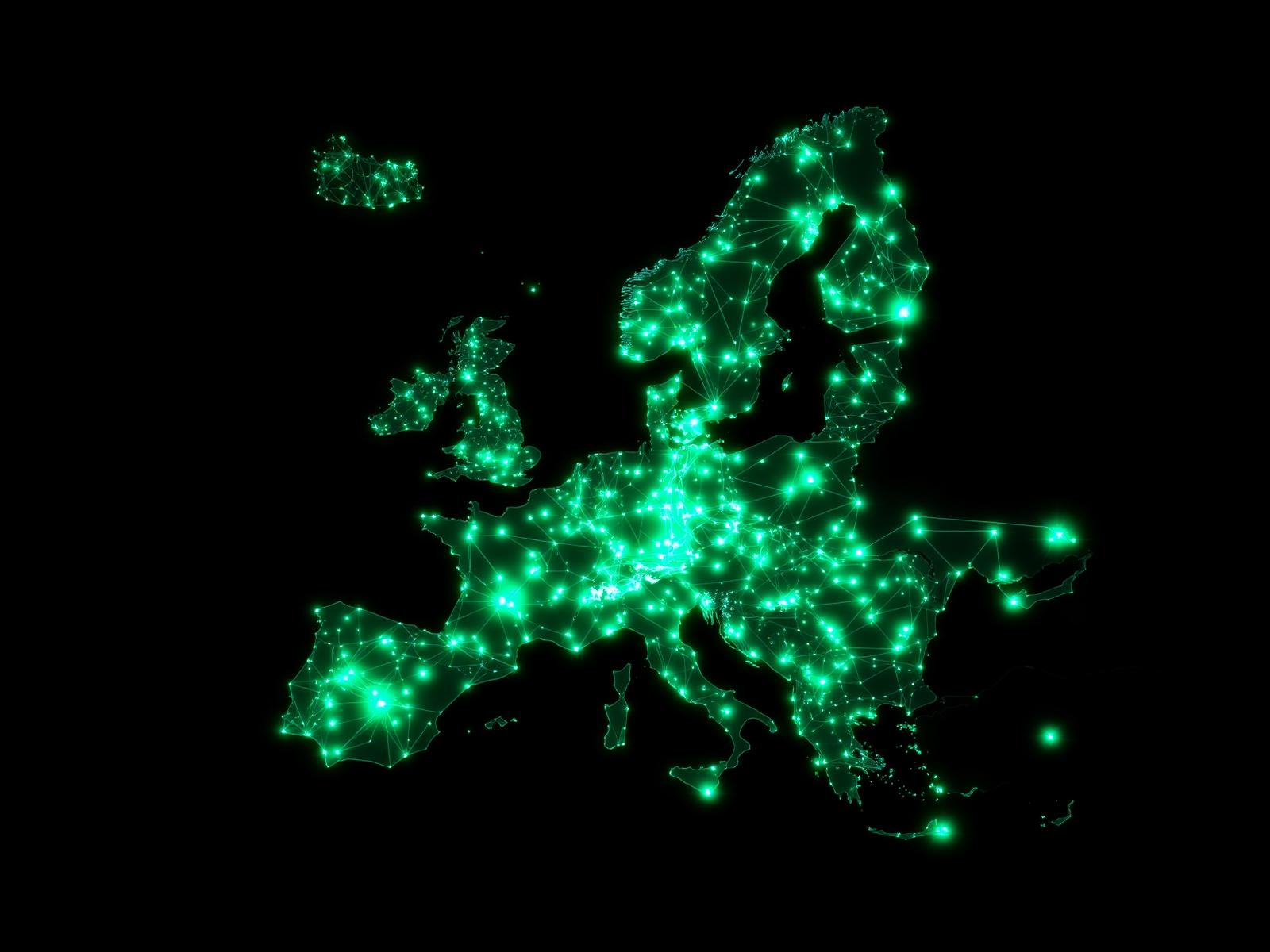 Map of European energy network with glowing interconnections